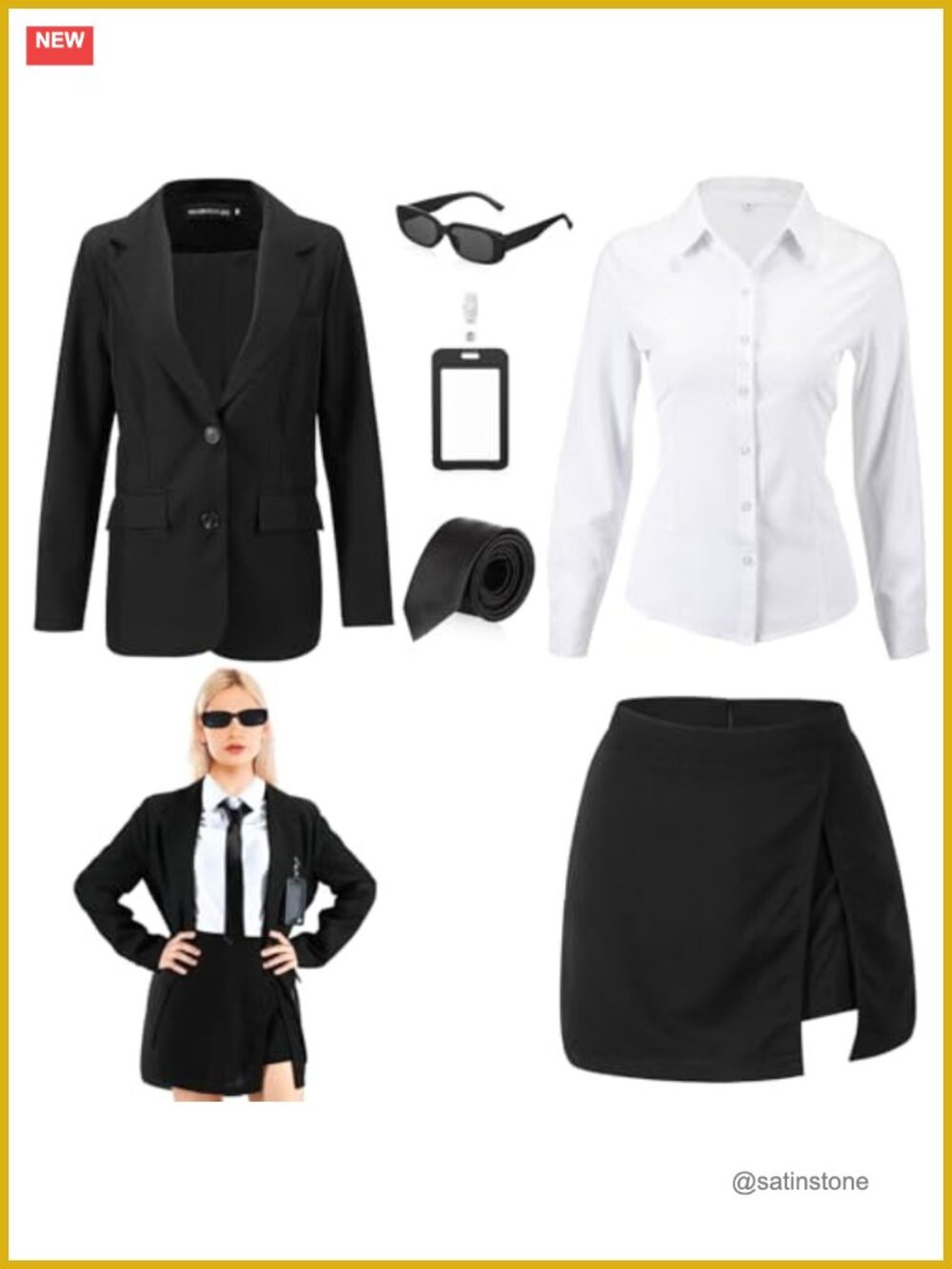 Women's Secret Agent Costume Set Cosplay Blazer Skirt Shirt Tie Sunglasses M